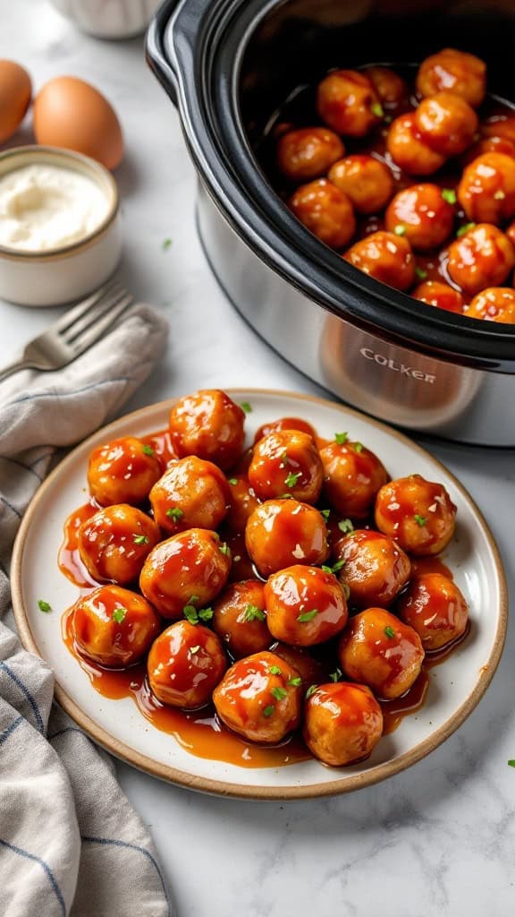 A plate of sweet and sour meatballs glistening with sauce, garnished with green herbs.
