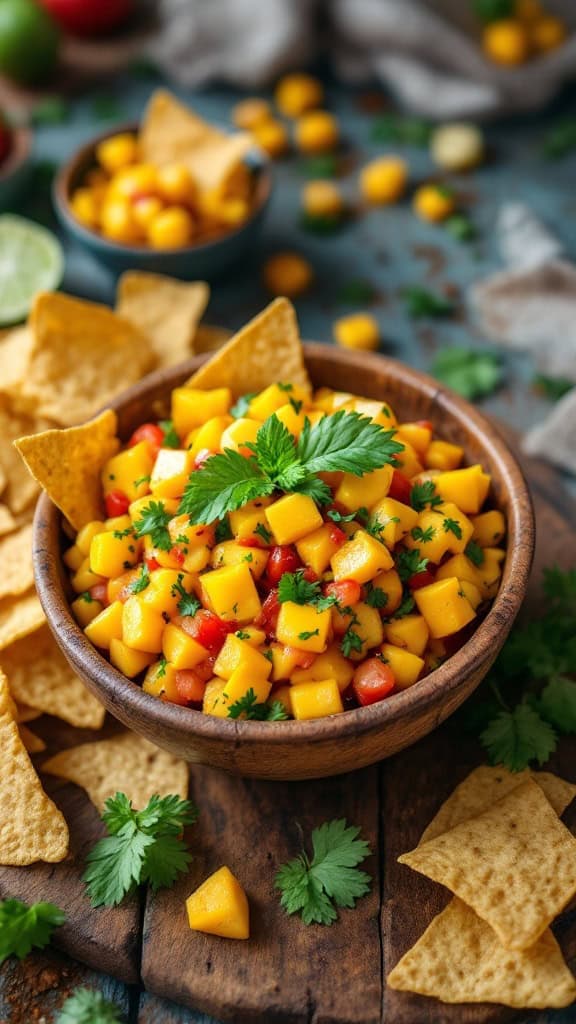A bowl of sweet and spicy mango salsa with tortilla chips and fresh cilantro.