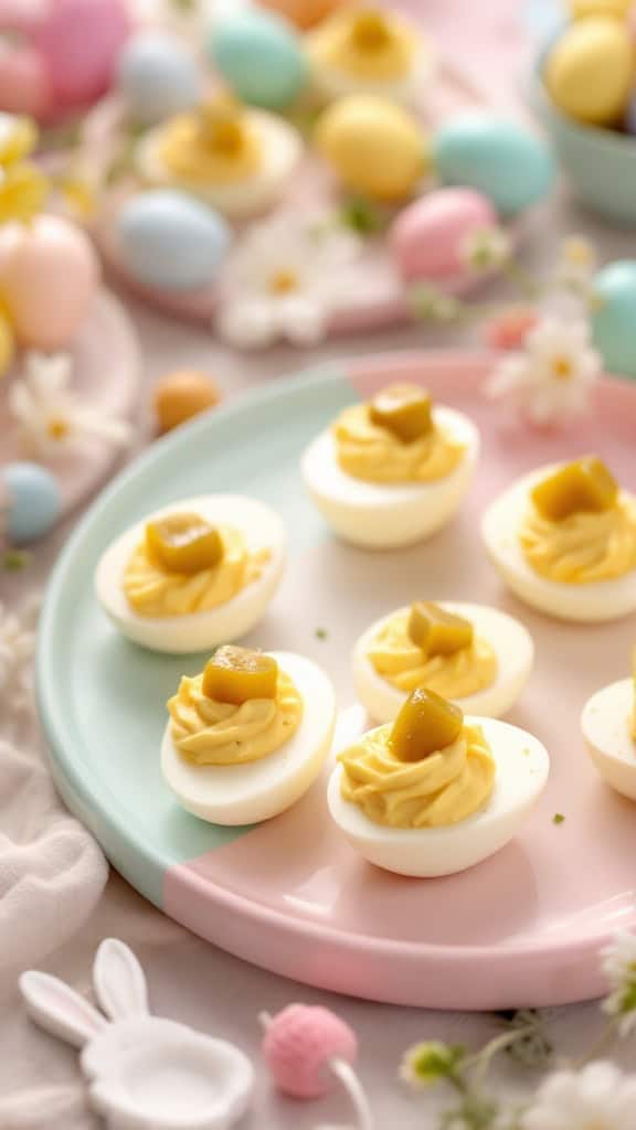 A plate of deviled eggs topped with sweet pickle relish, surrounded by colorful Easter eggs and flowers.