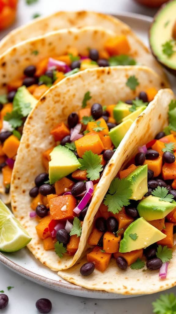 Tacos filled with sweet potatoes, black beans, avocado, and cilantro on a plate.