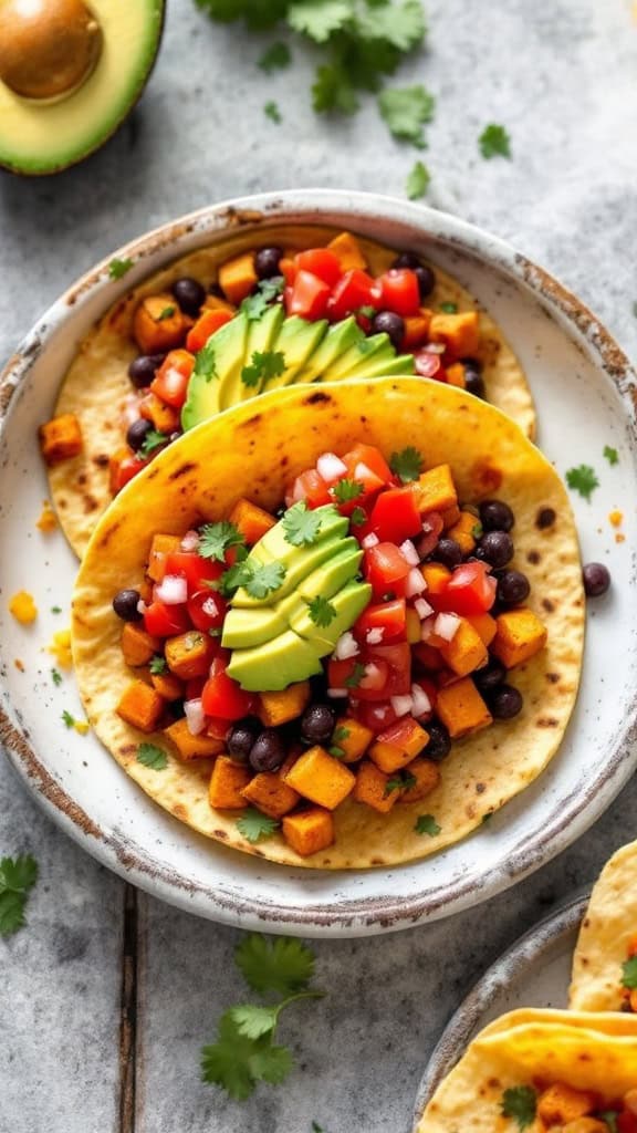 Sweet potato and black bean tacos topped with avocado and cilantro on a plate.