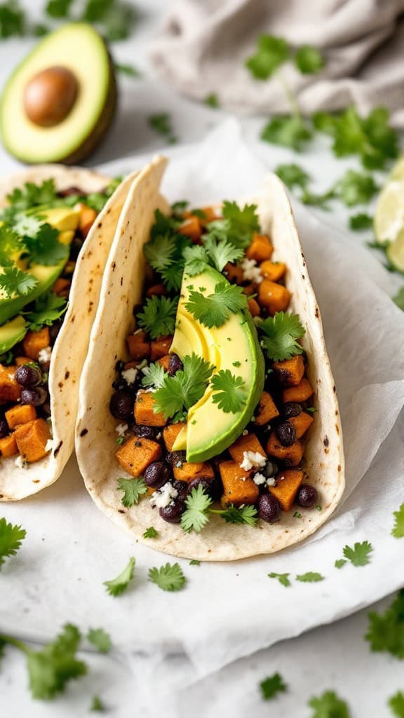 Sweet potato and black bean tacos with avocado and cilantro