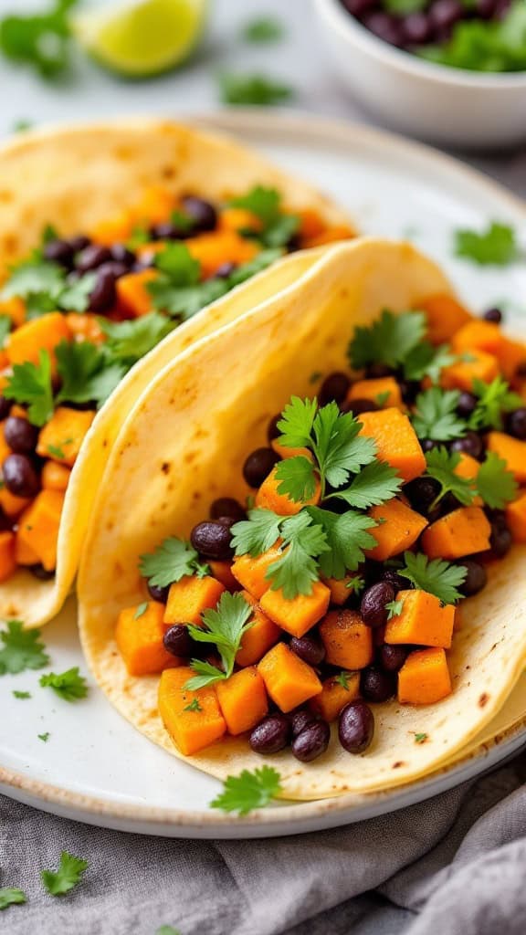 Sweet potato and black bean tacos topped with fresh cilantro.
