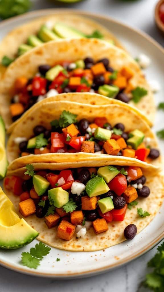 Three sweet potato and black bean tacos topped with diced tomatoes, avocado, and cilantro on a plate.