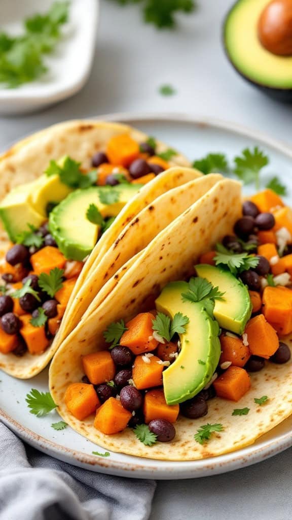 Sweet potato and black bean tacos with avocado and cilantro on a plate