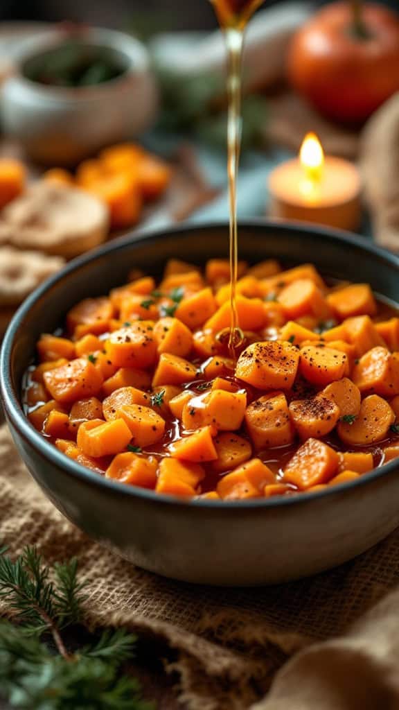 A blue bowl filled with sweet potato and carrot tzimmes drizzled with honey.