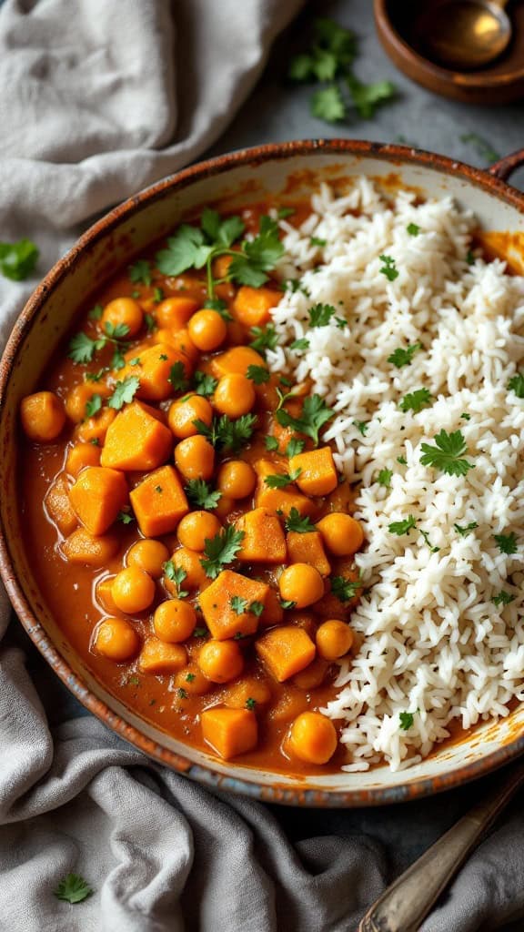 Bowl of sweet potato and chickpea curry served with rice, garnished with cilantro.