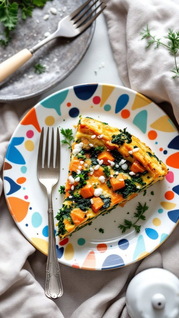 A slice of sweet potato and kale frittata on a colorful plate, served with a fork.