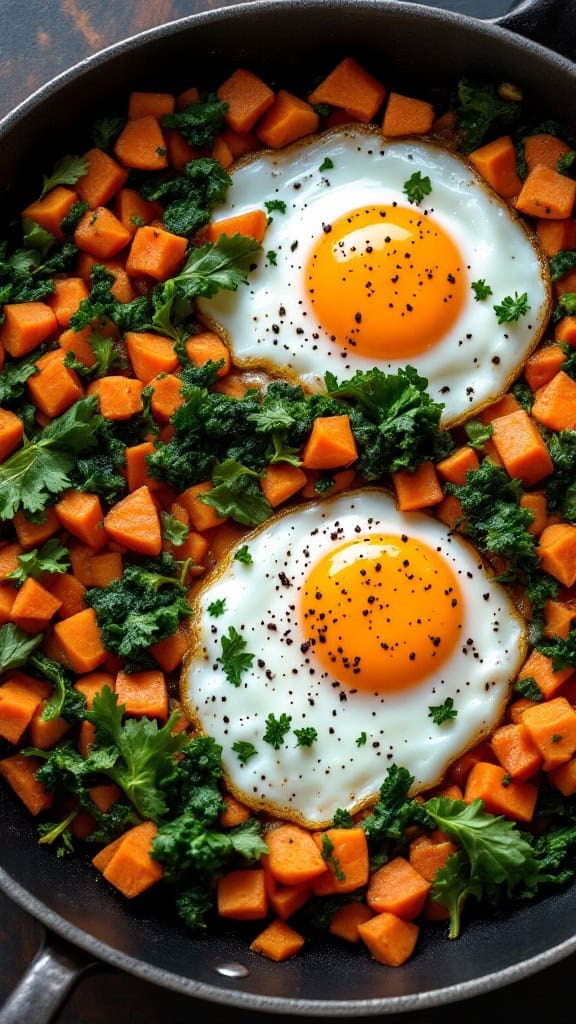 A skillet filled with sweet potato cubes, kale, and fried eggs, garnished with black pepper.