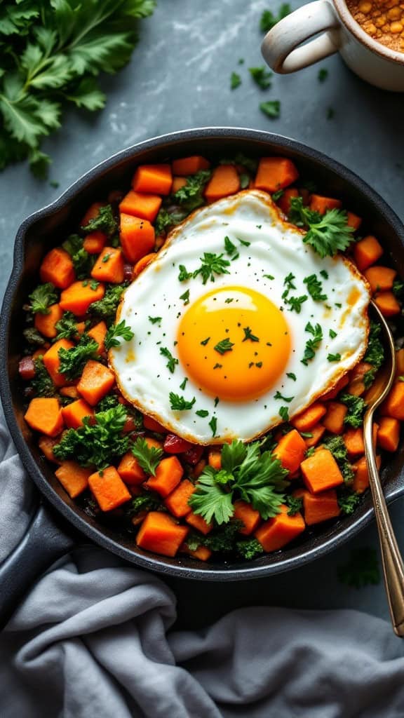A delicious sweet potato and kale hash topped with a sunny-side-up egg, garnished with fresh parsley.