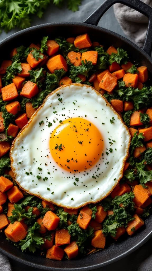 A skillet with sweet potato and kale hash topped with a sunny-side-up egg.