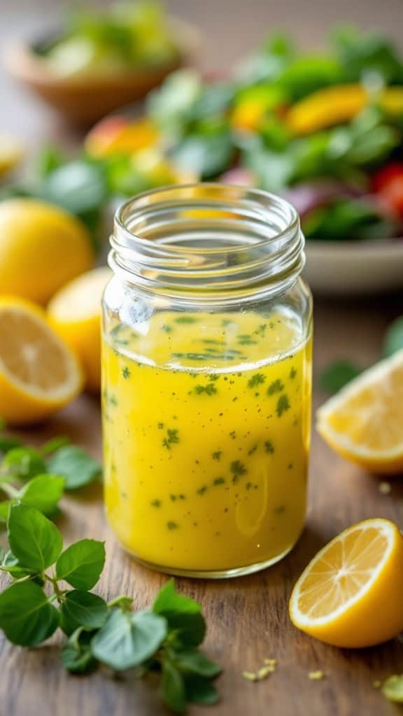 A jar of tangy lemon vinaigrette surrounded by fresh lemons and herbs.