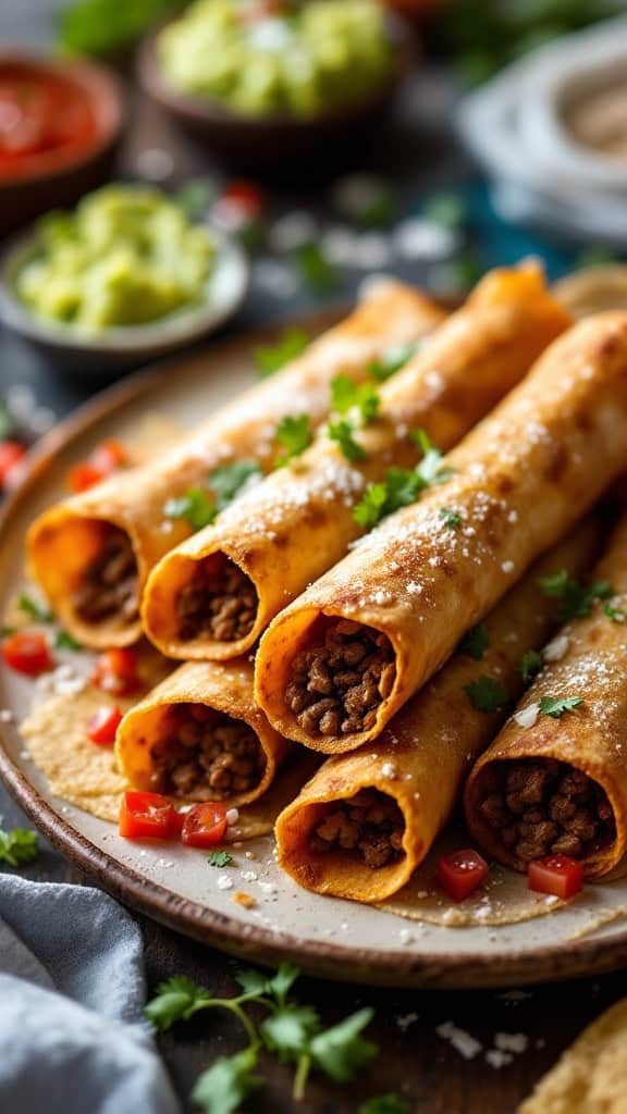 Plate of beef taquitos with guacamole and fresh ingredients.