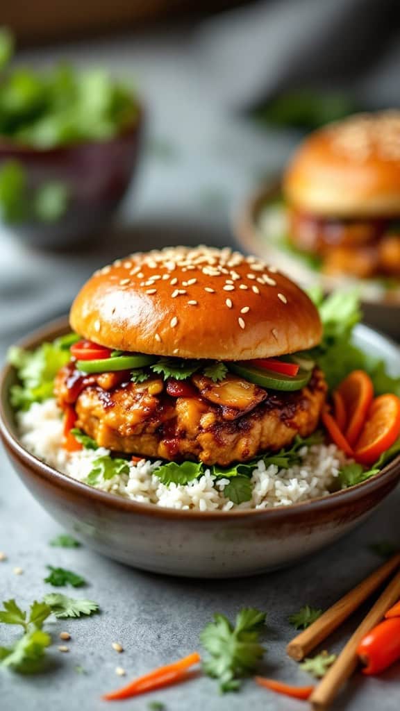 A delicious Teriyaki Chicken Burger served in a bowl with rice and fresh vegetables.