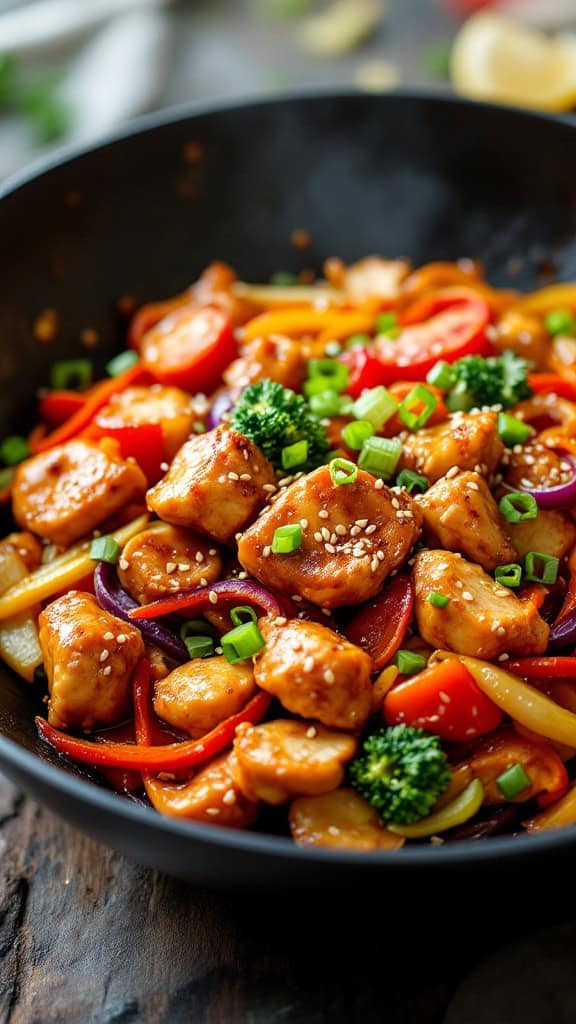 A bowl of Teriyaki Chicken Stir-Fry with colorful vegetables and sesame seeds.