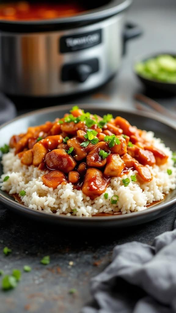 A plate of teriyaki chicken served over rice, garnished with green onions, with a slow cooker in the background.