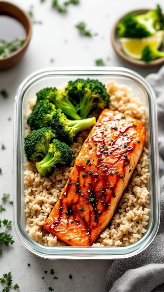 Teriyaki salmon fillet on a bed of brown rice with broccoli in a meal prep container.