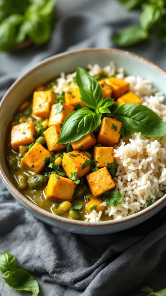 A bowl of Thai green curry with tofu served over rice, garnished with fresh basil.