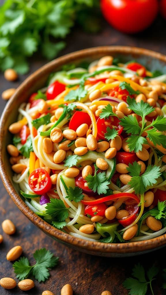 A colorful Thai peanut salad with veggies and peanuts in a bowl.
