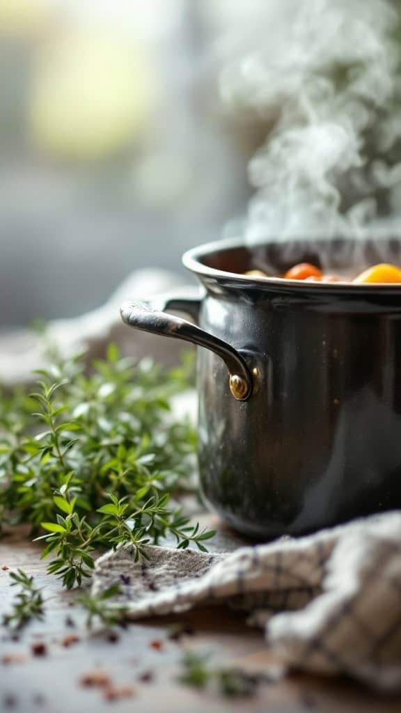 A steaming pot of food with sprigs of thyme nearby