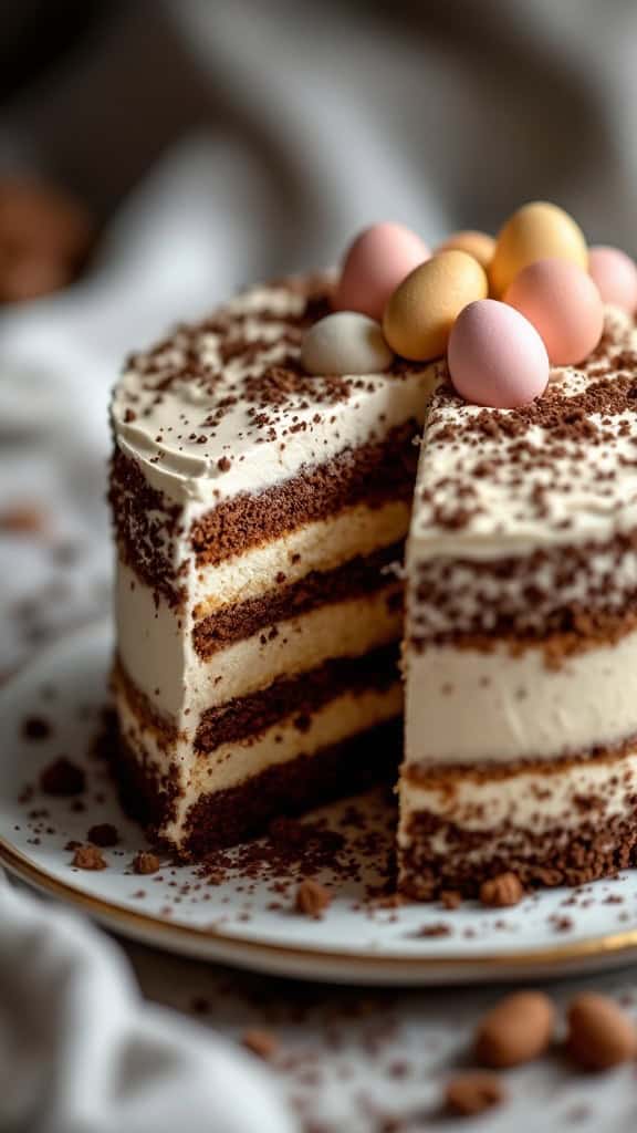 Tiramisu dirt cake with layers of coffee-soaked cookies and mascarpone, decorated with chocolate and pastel candy eggs.