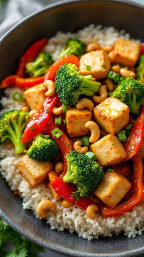 A bowl of tofu stir-fry with broccoli, red peppers, and cashews on a bed of rice.