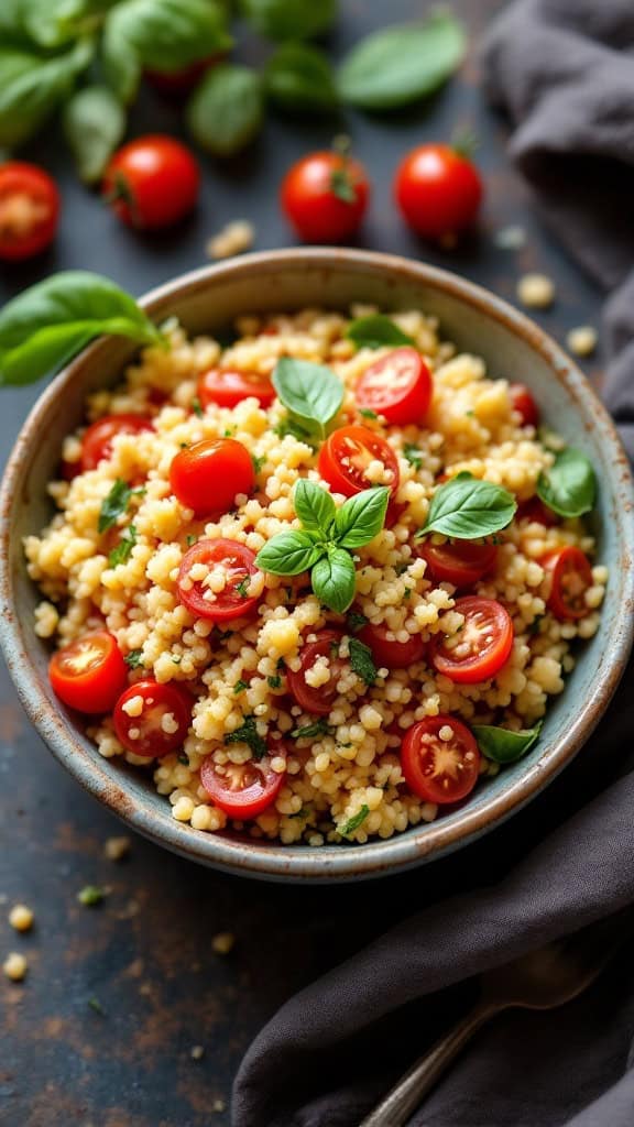 A bowl of tomato and basil couscous salad with cherry tomatoes and fresh basil.