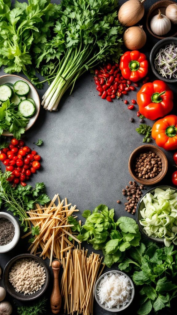 An array of fresh vegetables, herbs, and cooking ingredients laid out neatly.