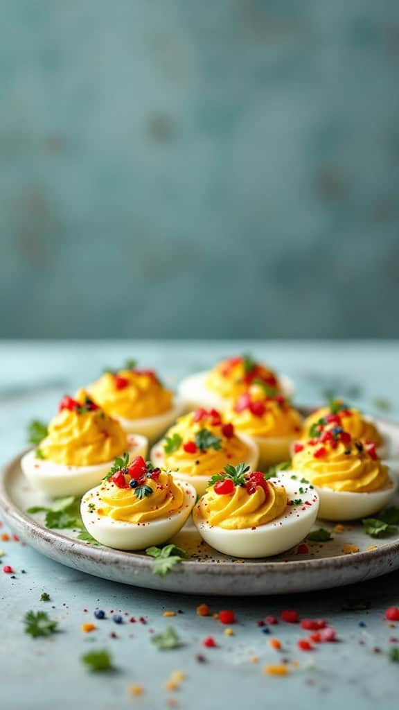 A plate of beautifully decorated deviled eggs with colorful toppings and herbs.