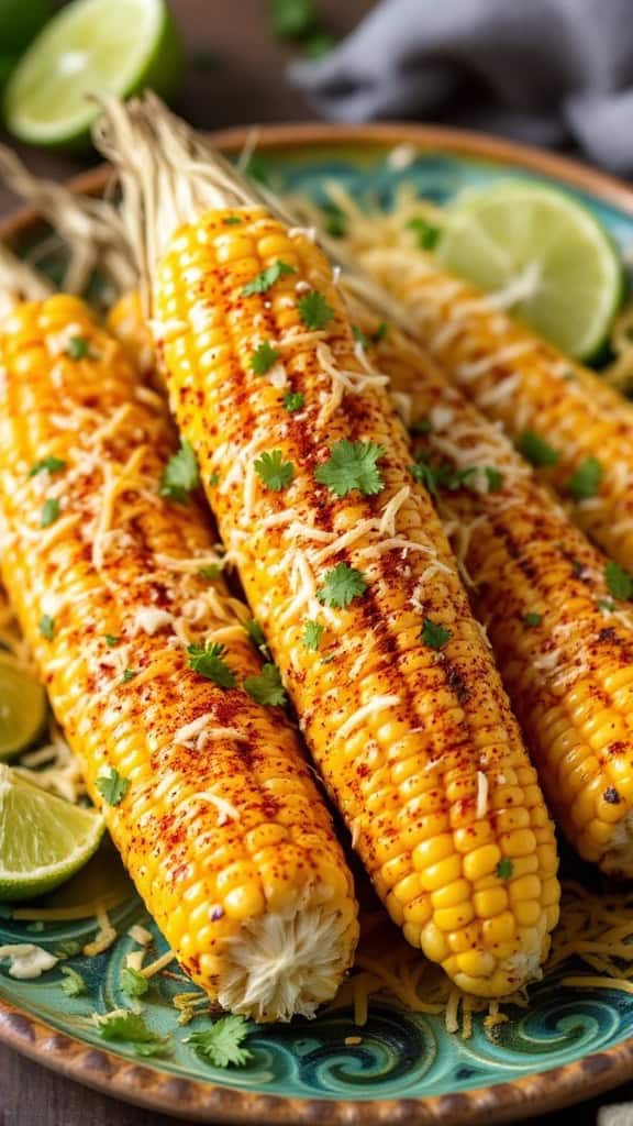 Plate of traditional Mexican street corn topped with cheese, chili powder, and cilantro.