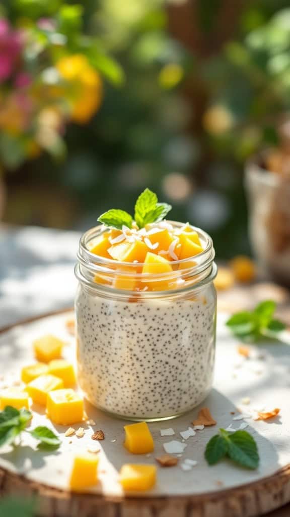 A jar of tropical chia seed pudding topped with mango and coconut.