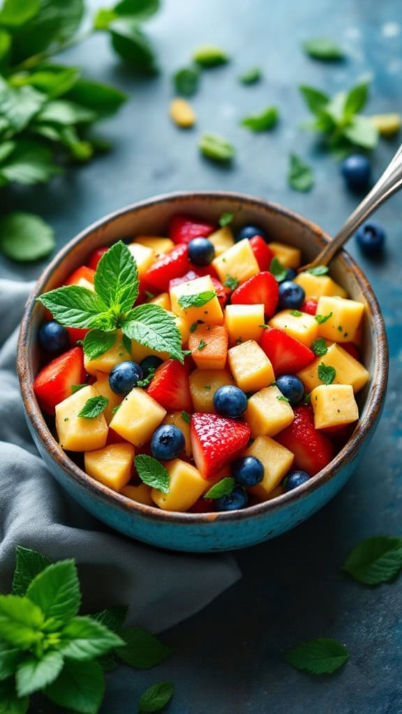 Colorful tropical fruit salad with lime mint dressing, featuring mango, strawberries, and blueberries.