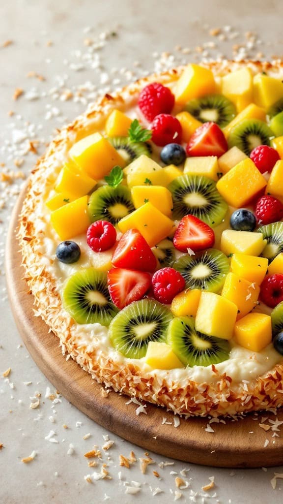 Tropical fruit pizza decorated with mango, pineapple, kiwi, and berries.