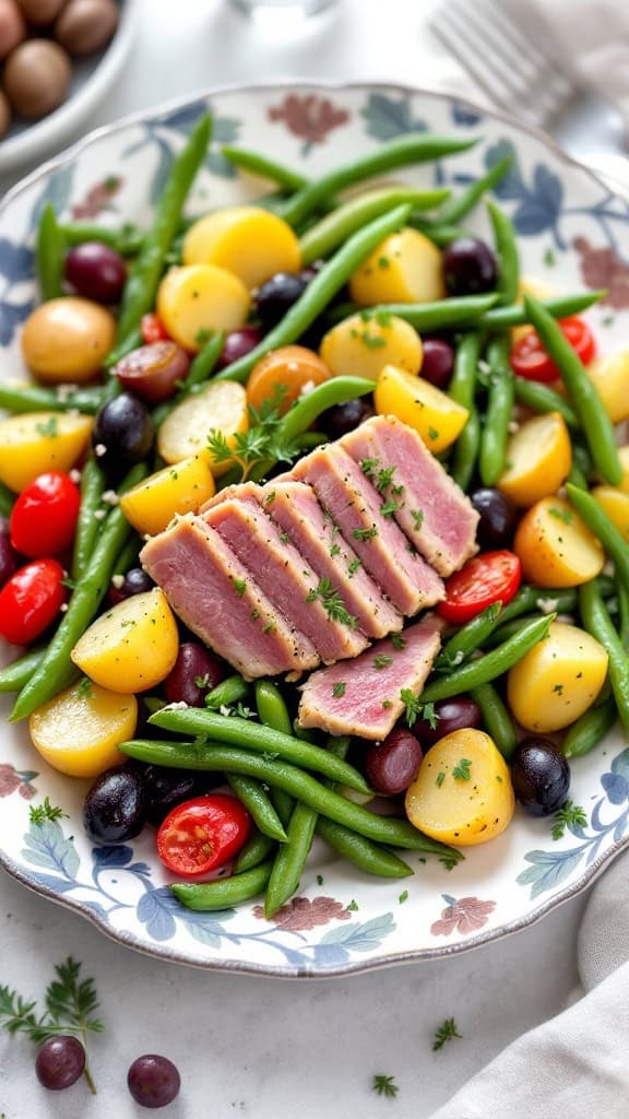 A vibrant tuna niçoise salad featuring green beans, cherry tomatoes, potatoes, and sliced tuna on a decorative plate.
