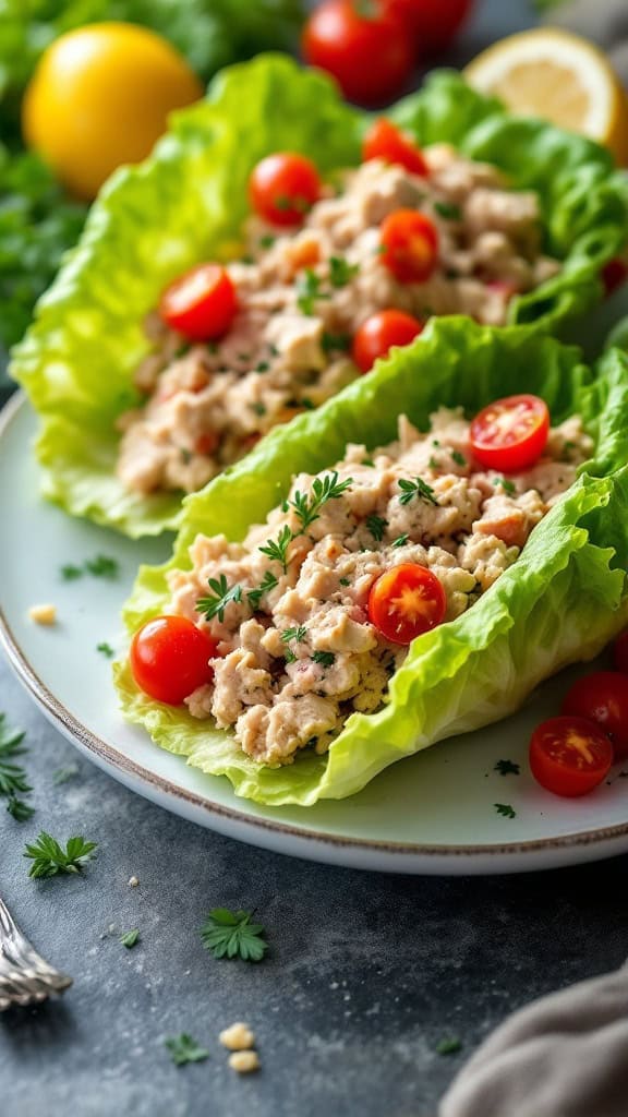 Tuna salad served in lettuce wraps with cherry tomatoes.
