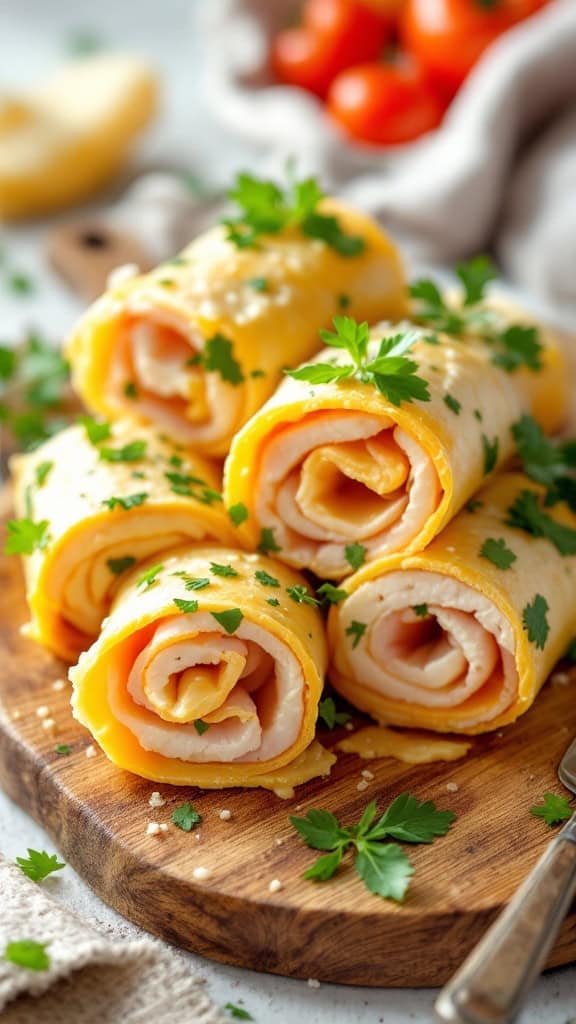 A close-up of turkey and cheese roll-ups garnished with fresh herbs on a wooden board.