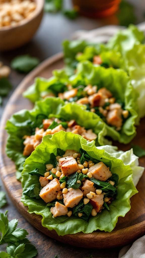 Platter of turkey and spinach lettuce wraps.