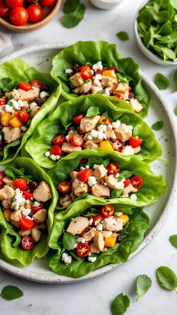 Turkey and spinach lettuce wraps filled with diced turkey, cherry tomatoes, and mixed greens.