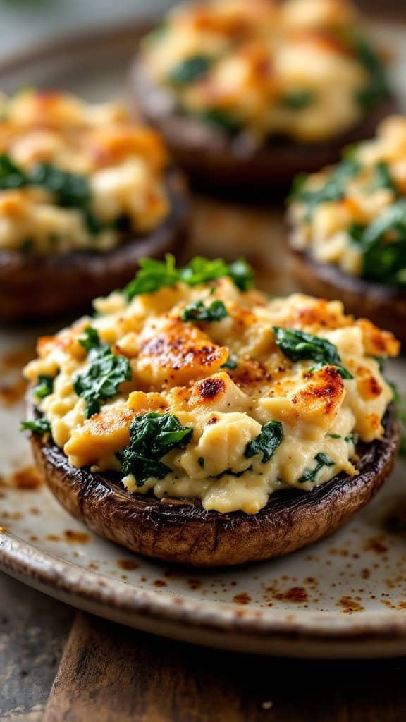 Turkey and spinach stuffed portobello mushrooms on a plate