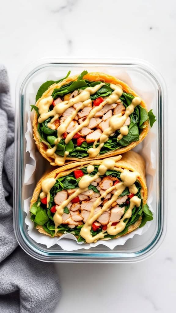 Turkey and spinach wraps with hummus in a clear container.