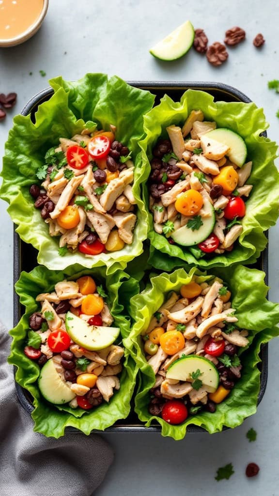 Turkey and veggie lettuce wraps filled with colorful ingredients on a tray.