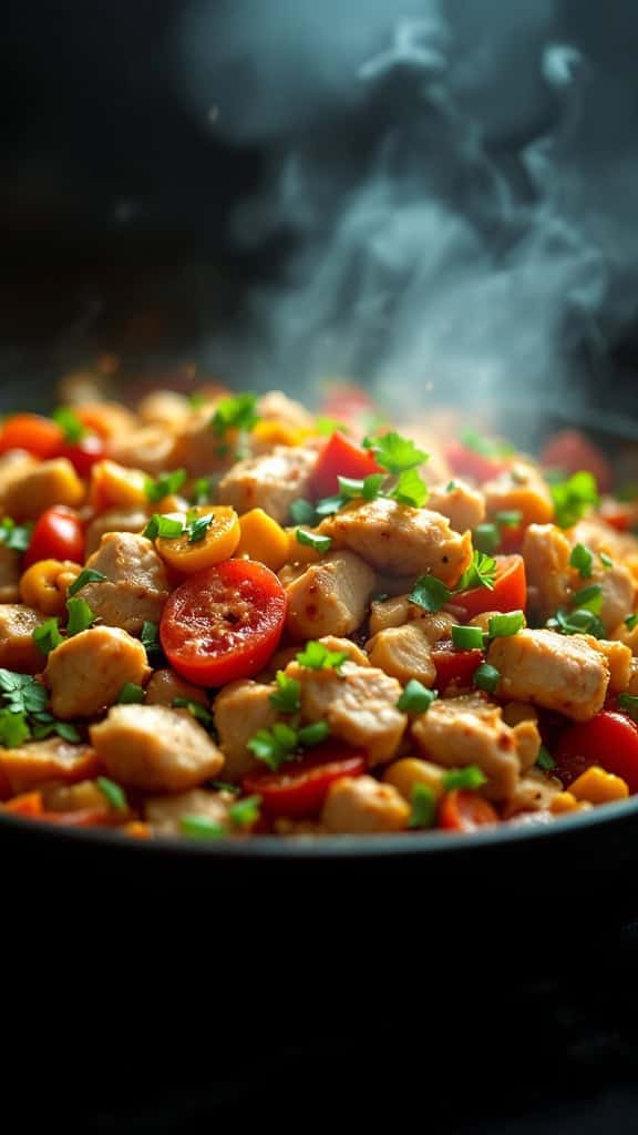A vibrant turkey and veggie stir-fry in a skillet, featuring chunks of turkey, red tomatoes, and fresh herbs.