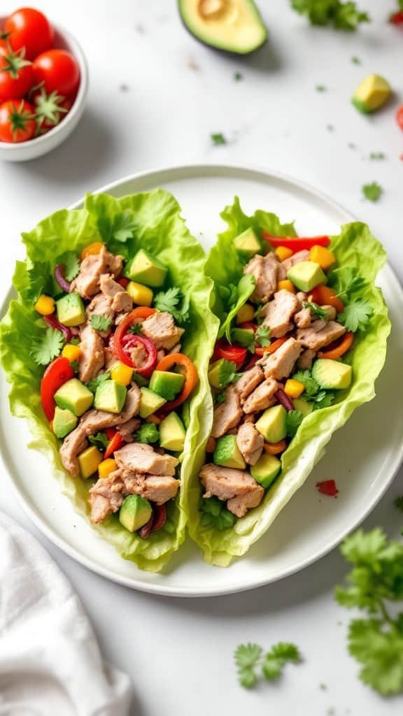 Two turkey lettuce wraps filled with diced avocado, colorful veggies, and cilantro on a plate.