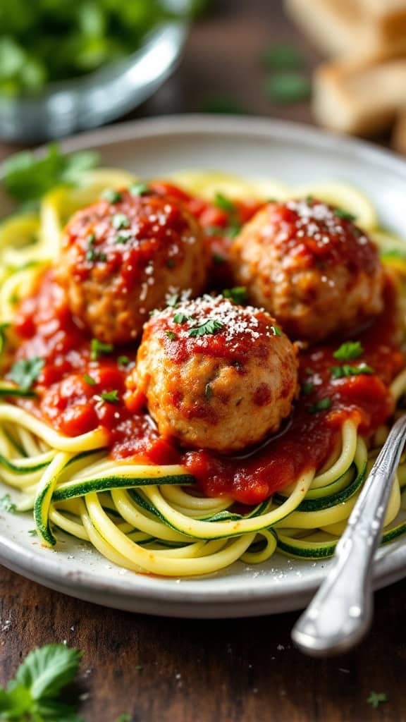 Turkey meatballs on a bed of zucchini noodles with marinara sauce and parsley.