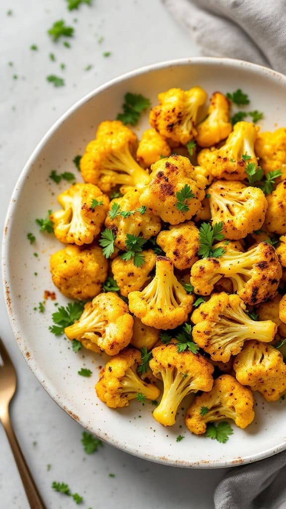 A plate of turmeric roasted cauliflower garnished with fresh herbs