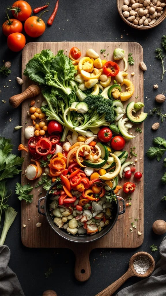 A variety of colorful vegetables and scraps are displayed on a wooden cutting board, showcasing creative meal prep ideas.