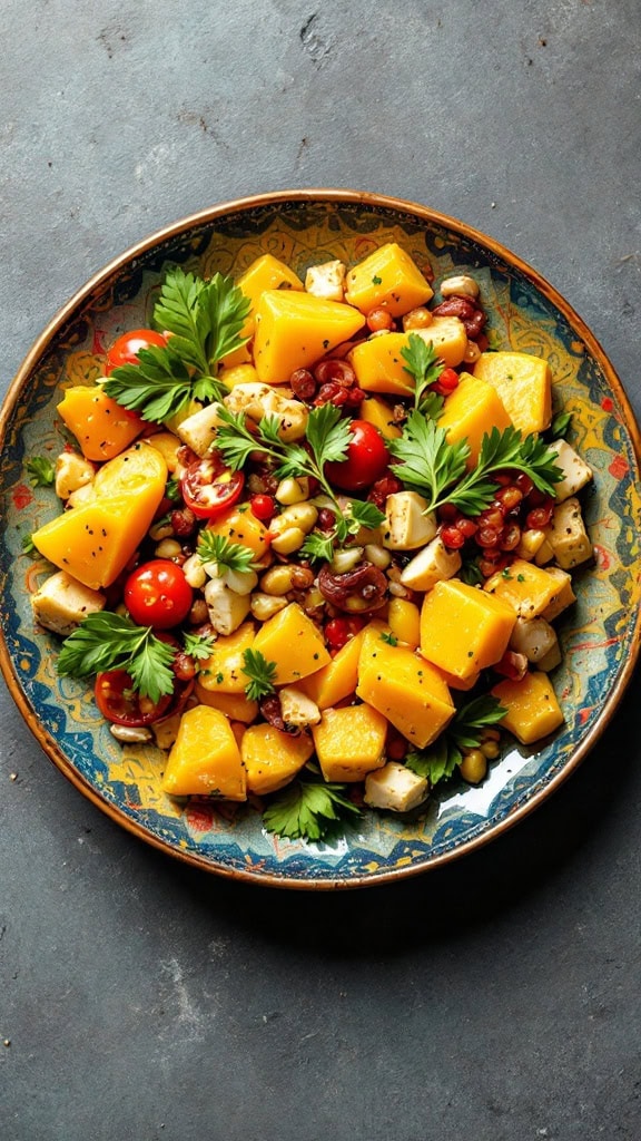 A colorful salad with cubed squash, cherry tomatoes, and herbs, served in a decorative bowl.