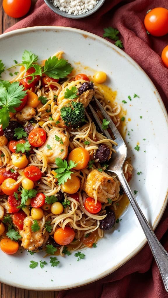 A plate of pasta with colorful vegetables and herbs