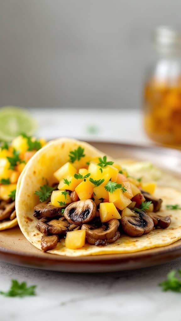 Vegan mushroom tacos topped with pineapple salsa on a plate
