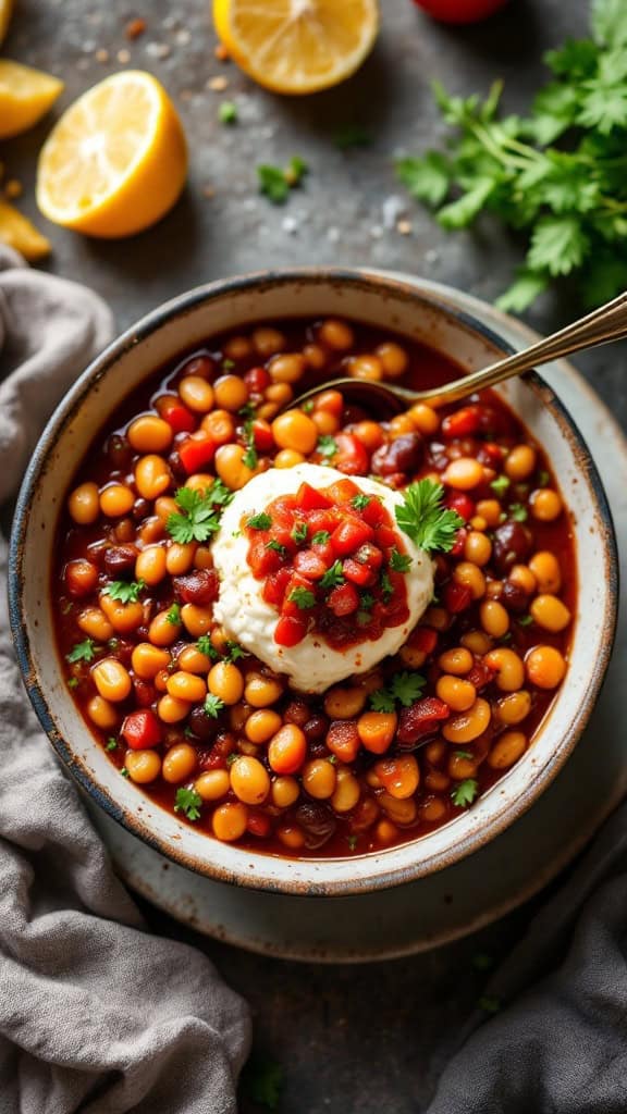A bowl of vegetable and bean chili topped with fermented salsa and fresh herbs.